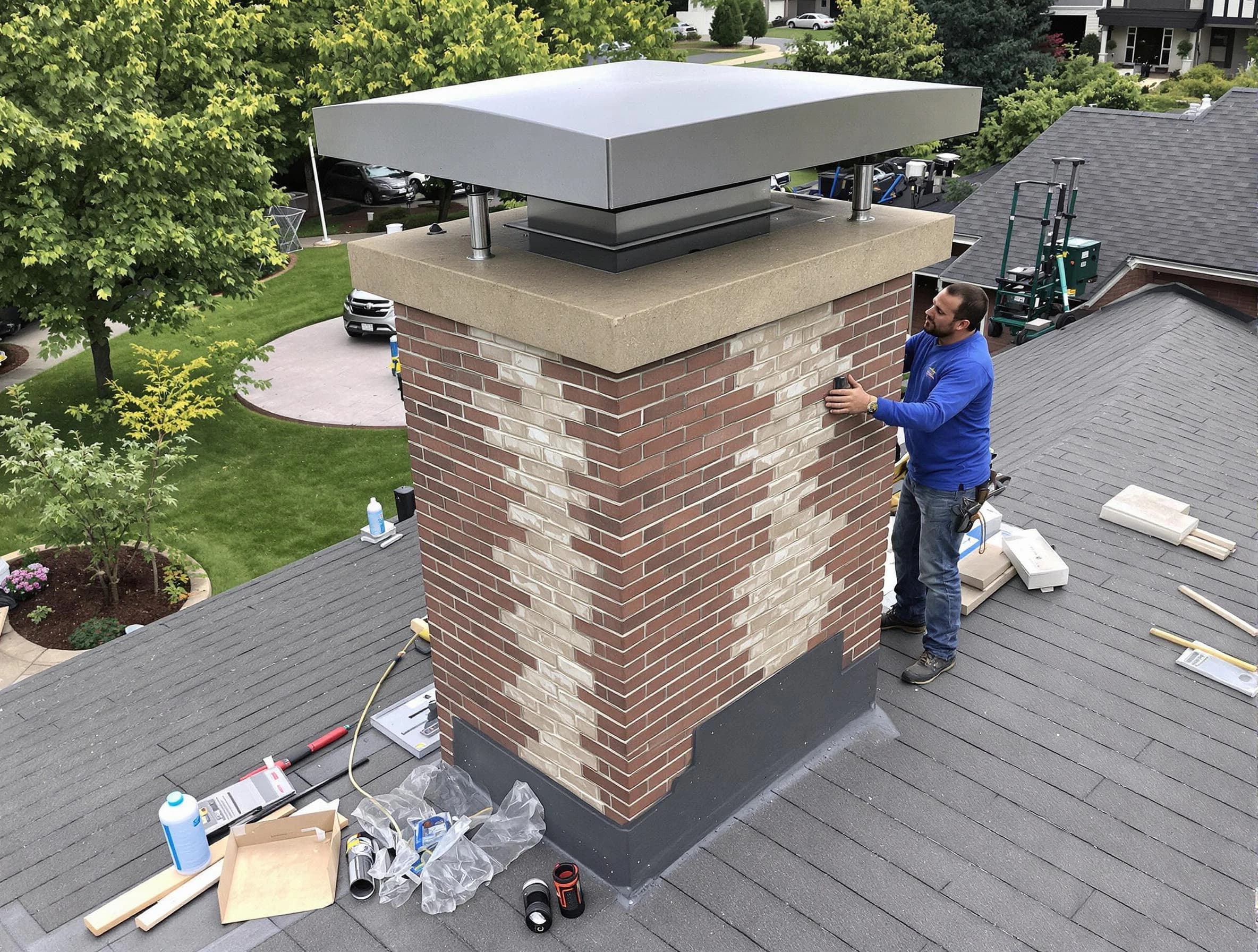 Midwest City Chimney Sweep team working on a custom chimney remodel in Midwest City, OK